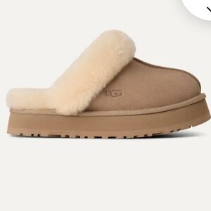 UGG Tan Suede Disquette Platform Slippers with Cream Lining LIKE NEW